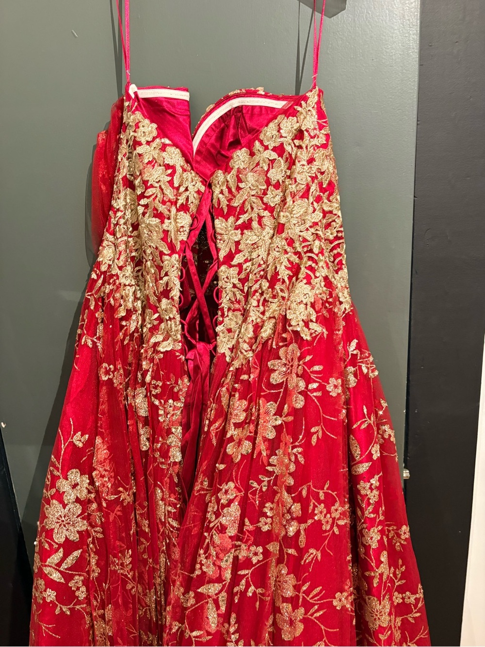 Layla K red Embroidered Ball Gown Dress with Gold Floral Appliqué